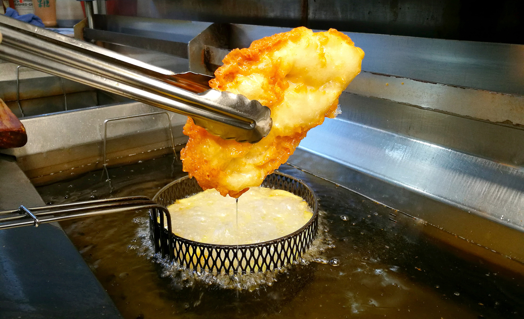 Battered fish fresh out of the fryer